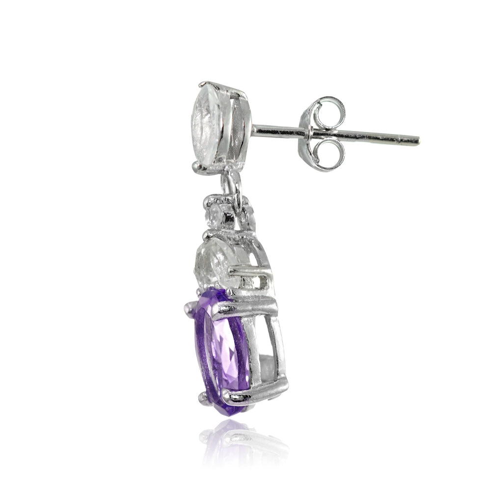 Sterling Silver Amethyst and White Topaz Oval Dangle Earrings-2