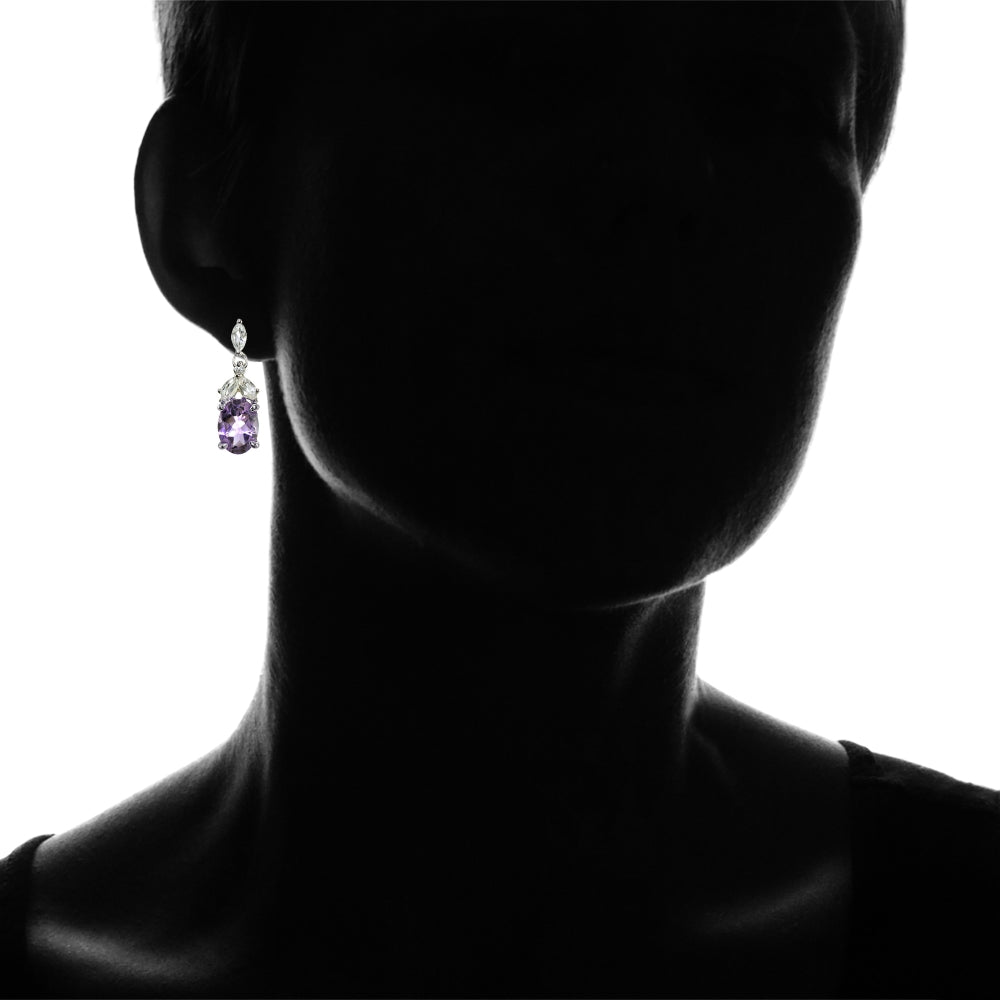Sterling Silver Amethyst and White Topaz Oval Dangle Earrings-4