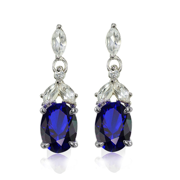 Sterling Silver Created Blue Sapphire and White Topaz Oval Dangle Earrings