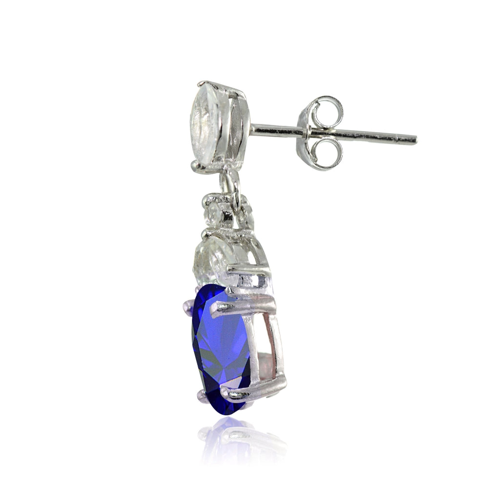 Sterling Silver Created Blue Sapphire and White Topaz Oval Dangle Earrings-2