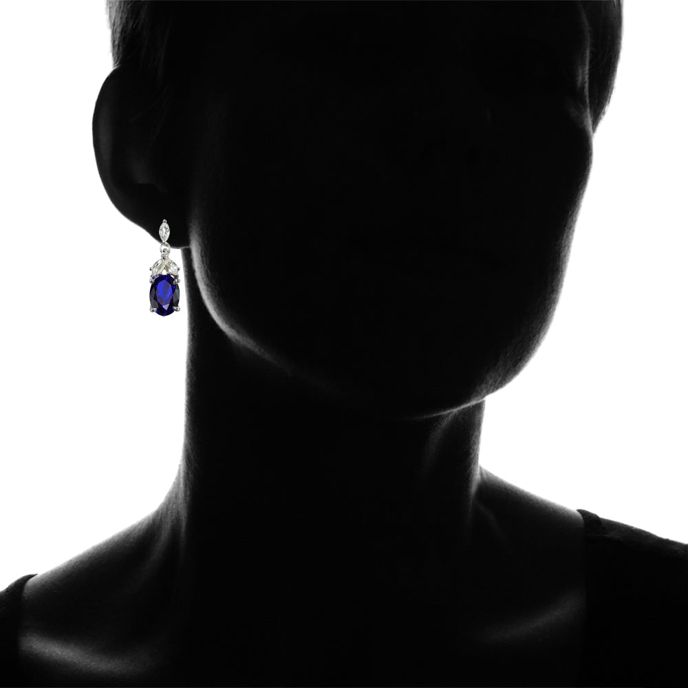 Sterling Silver Created Blue Sapphire and White Topaz Oval Dangle Earrings-4