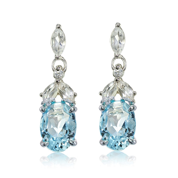 Sterling Silver Blue Topaz and White Topaz Oval Dangle Earrings