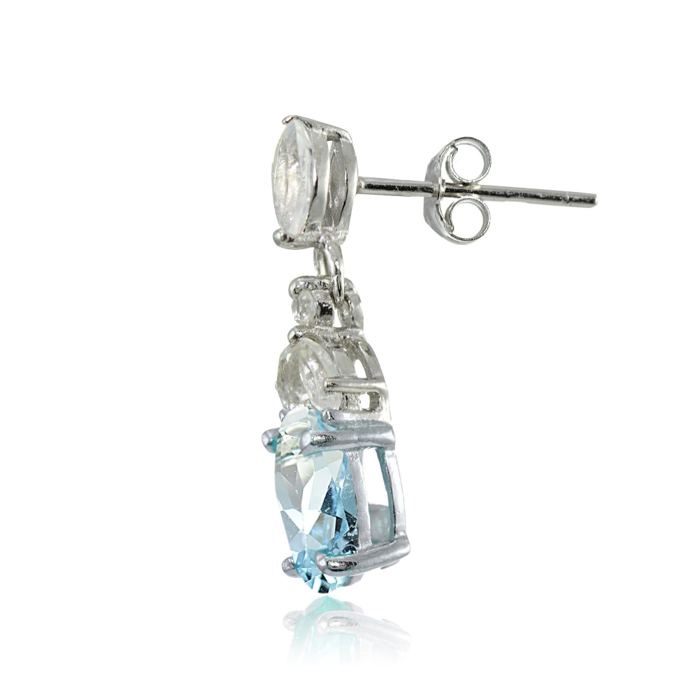 Sterling Silver Blue Topaz and White Topaz Oval Dangle Earrings-2