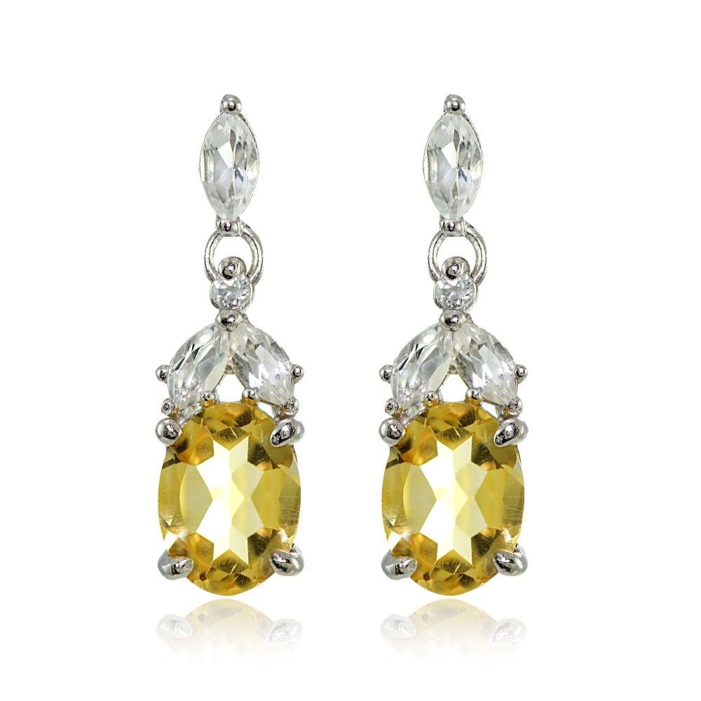 Sterling Silver Citrine and White Topaz Oval Dangle Earrings