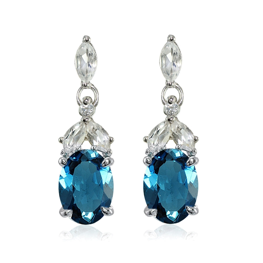 Sterling Silver London Blue Topaz and White Topaz Oval Dangle Earrings