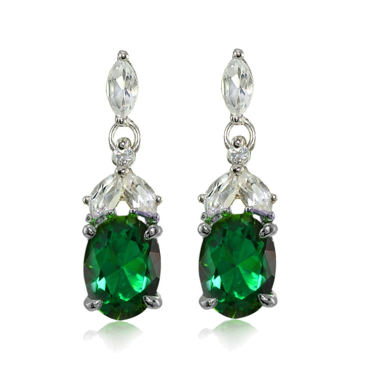Sterling Silver Created Emerald and White Topaz Oval Dangle Earrings