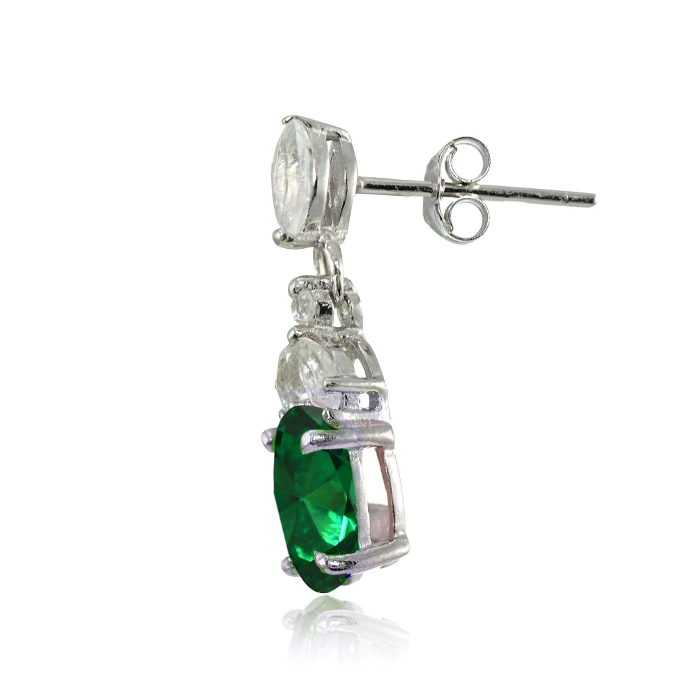 Sterling Silver Created Emerald and White Topaz Oval Dangle Earrings-2