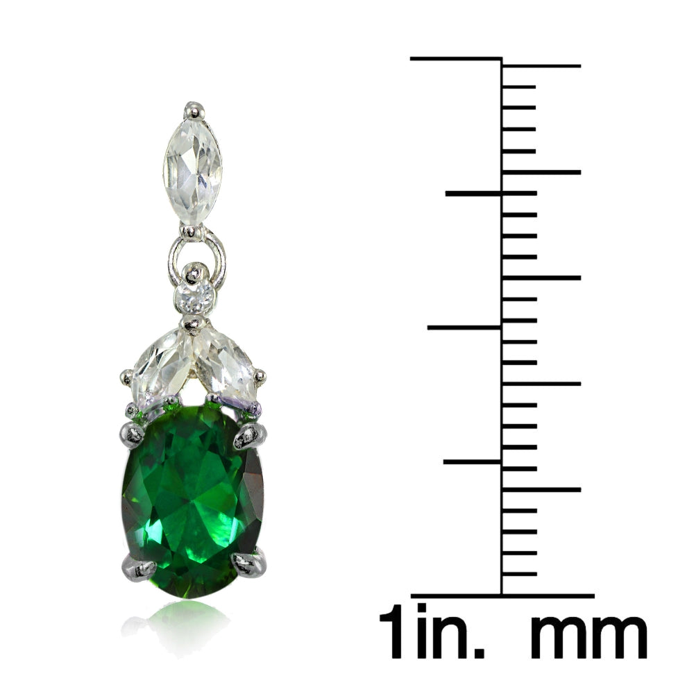 Sterling Silver Created Emerald and White Topaz Oval Dangle Earrings-3