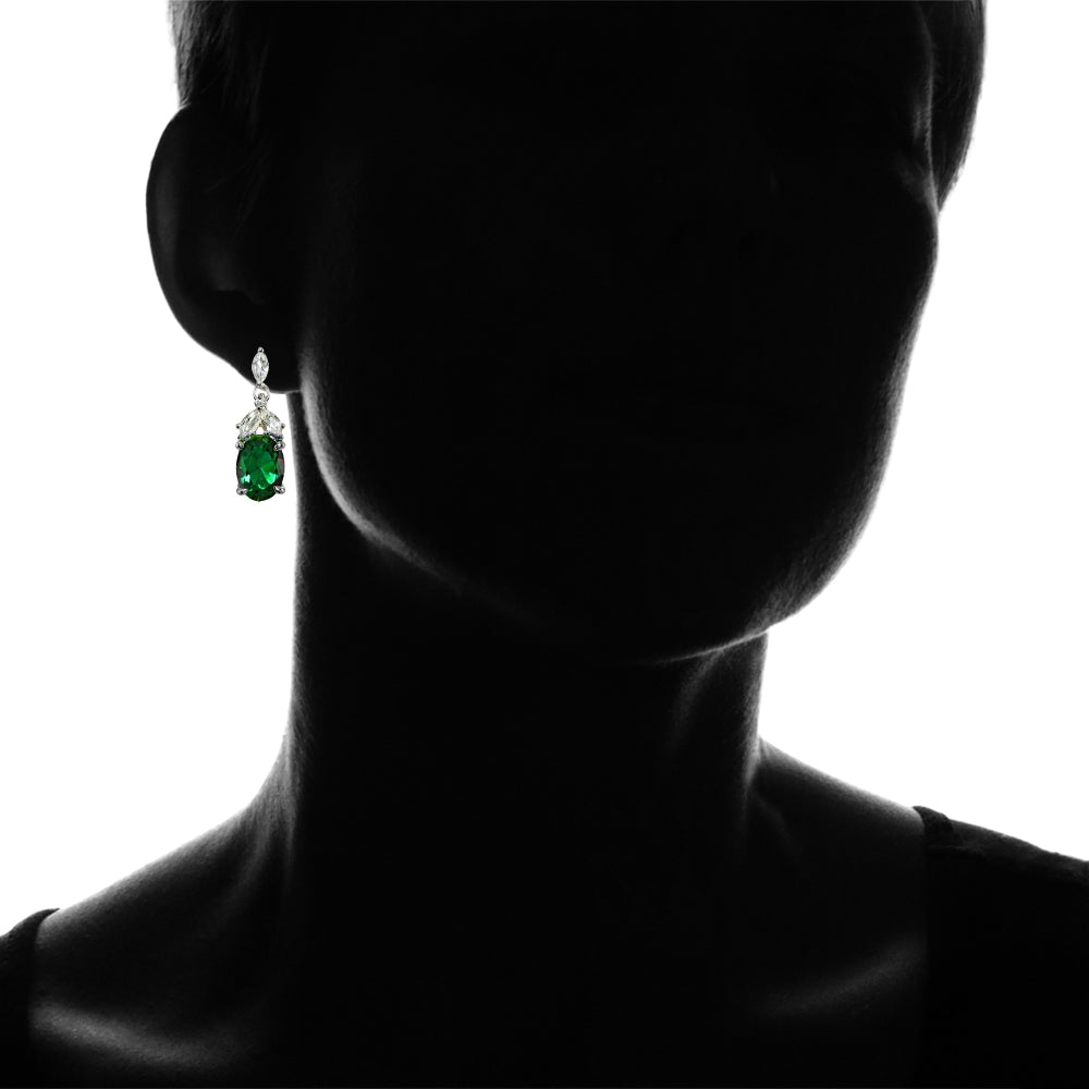 Sterling Silver Created Emerald and White Topaz Oval Dangle Earrings-4