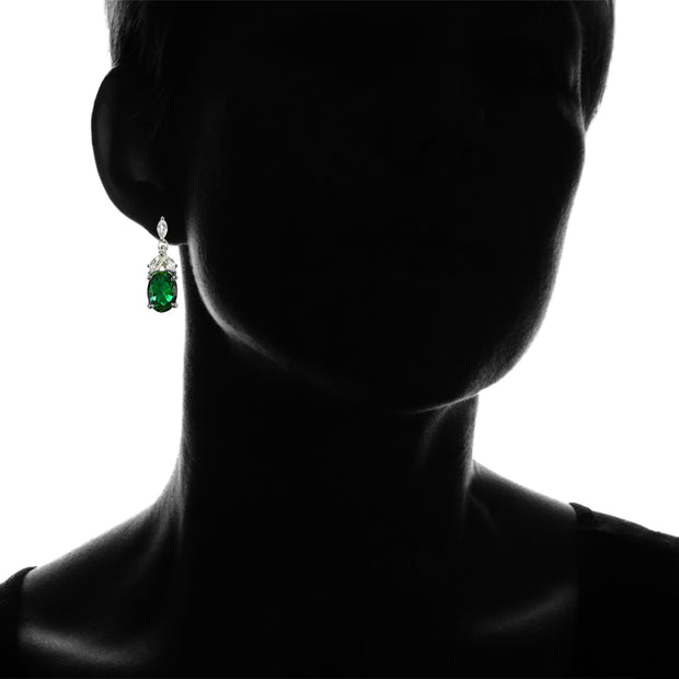 Sterling Silver Created Emerald and White Topaz Oval Dangle Earrings