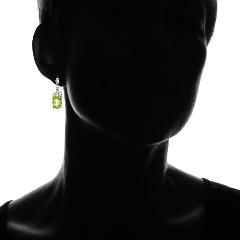 Sterling Silver Peridot and White Topaz Oval Dangle Earrings-4