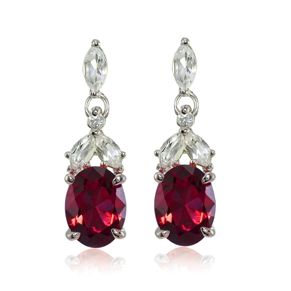 Sterling Silver Created Ruby and White Topaz Oval Dangle Earrings