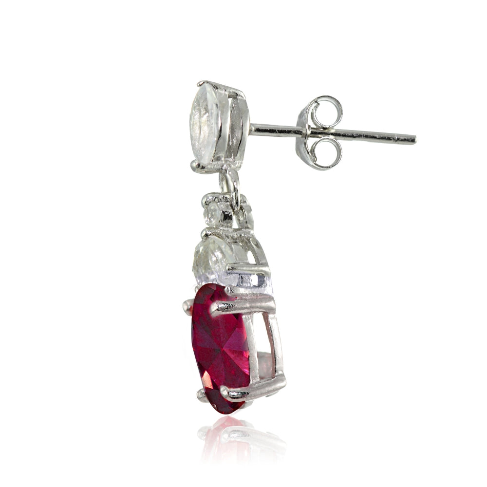 Sterling Silver Created Ruby and White Topaz Oval Dangle Earrings-2