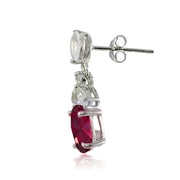 Sterling Silver Created Ruby and White Topaz Oval Dangle Earrings