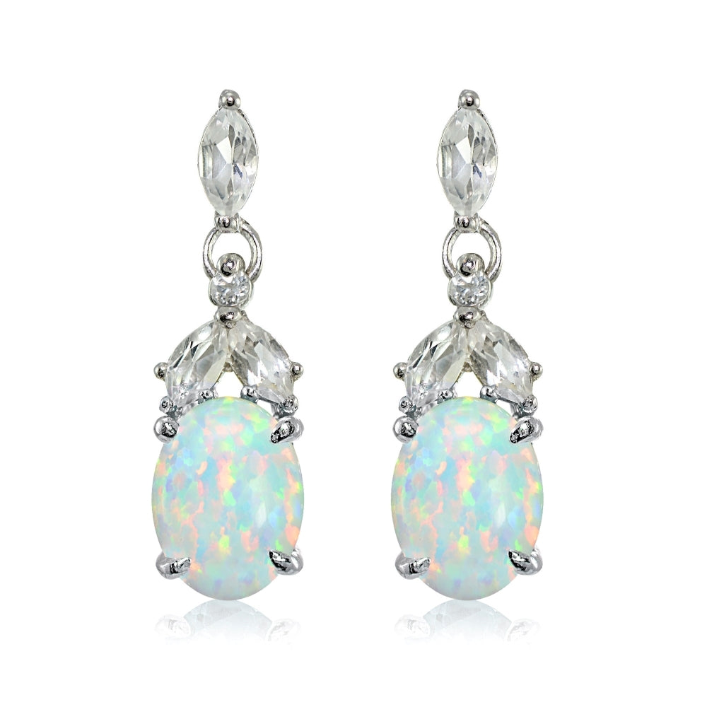 Sterling Silver Created White Opal and White Topaz Oval Dangle Earrings