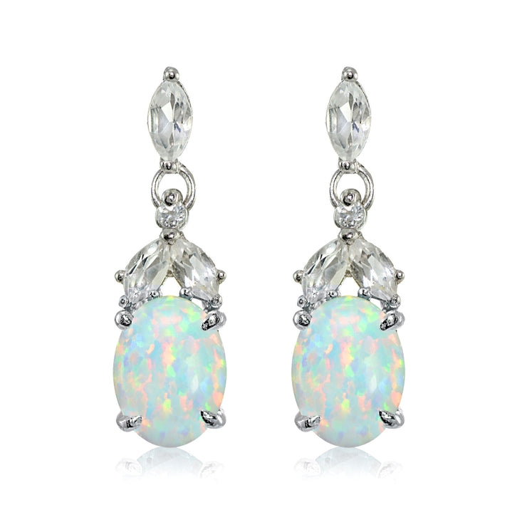 Sterling Silver Created White Opal and White Topaz Oval Dangle Earrings