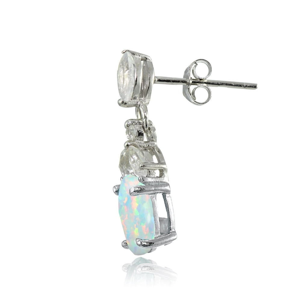Sterling Silver Created White Opal and White Topaz Oval Dangle Earrings-2