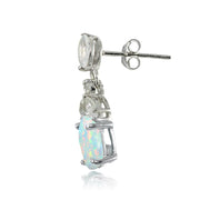 Sterling Silver Created White Opal and White Topaz Oval Dangle Earrings