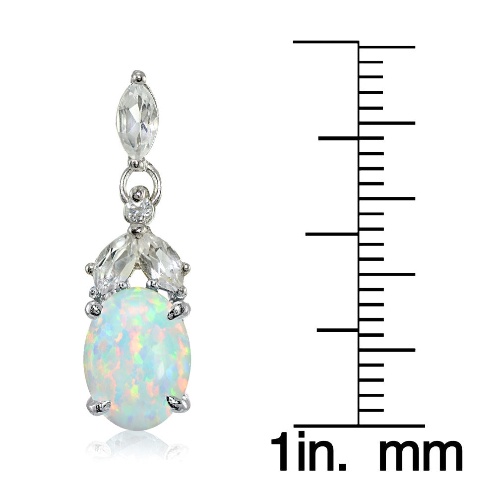 Sterling Silver Created White Opal and White Topaz Oval Dangle Earrings-3