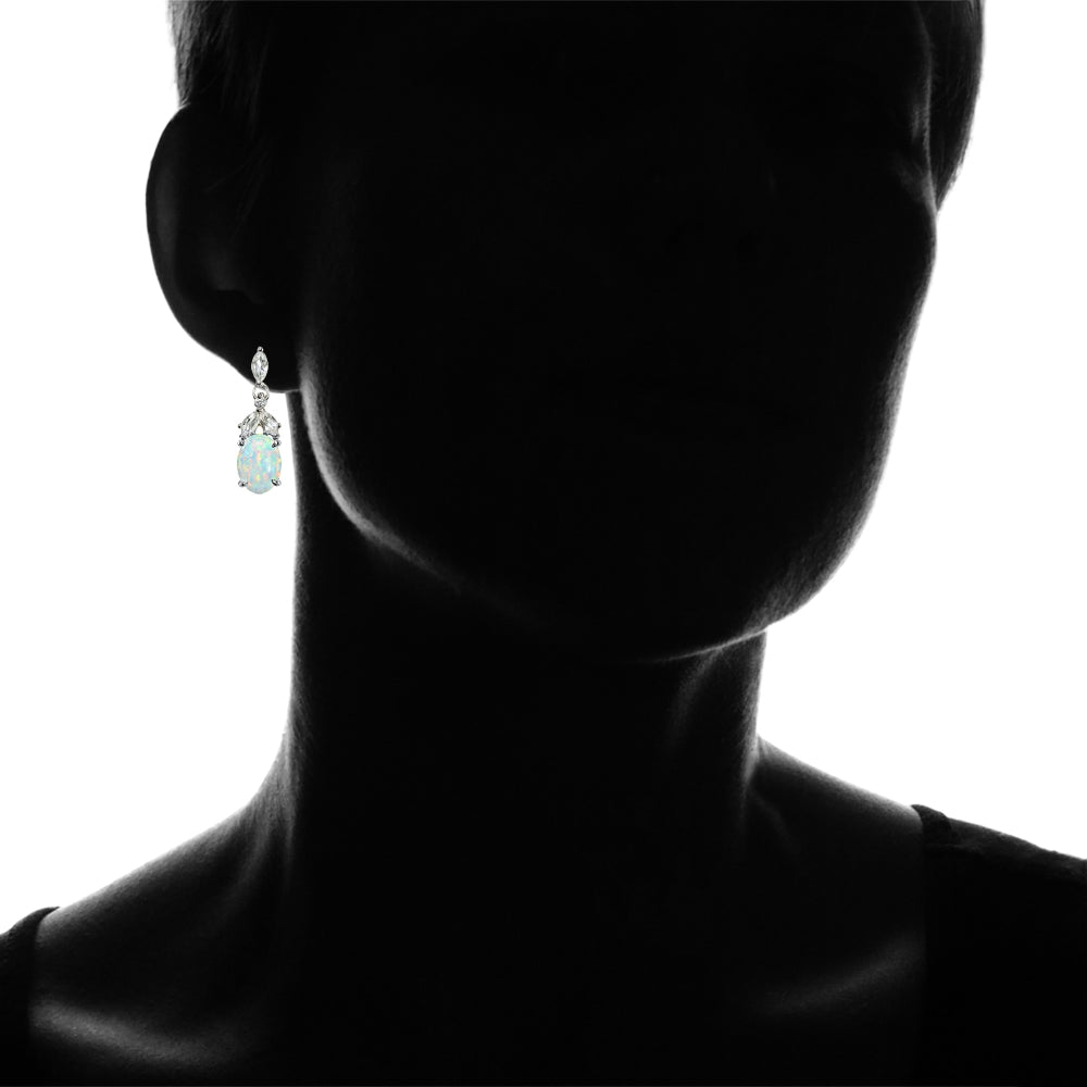 Sterling Silver Created White Opal and White Topaz Oval Dangle Earrings-4