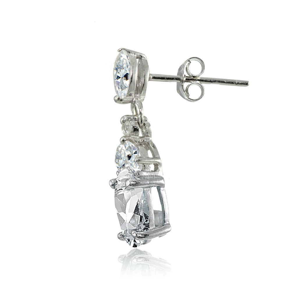 Sterling Silver Cubic Zirconia Oval Dangle Earrings-2