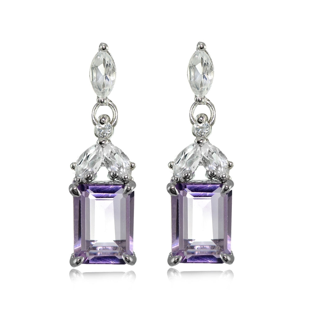 Sterling Silver Amethyst and White Topaz Emerald-Cut Dangle Earrings