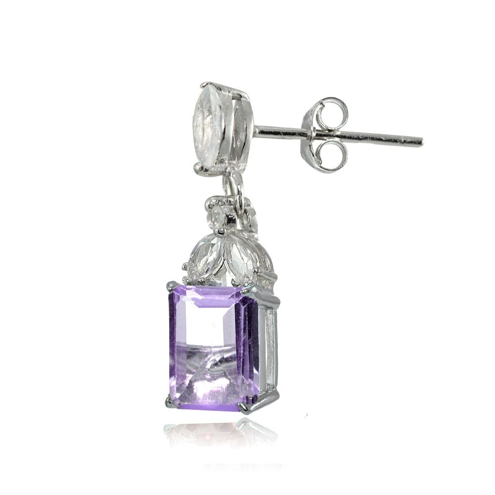 Sterling Silver Amethyst and White Topaz Emerald-Cut Dangle Earrings-2