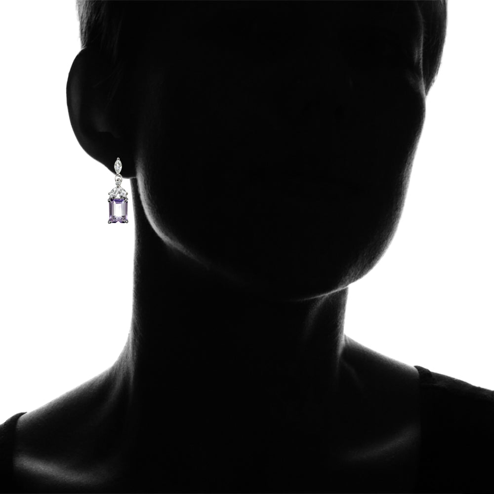 Sterling Silver Amethyst and White Topaz Emerald-Cut Dangle Earrings-4