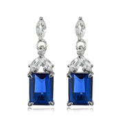 Sterling Silver Created Blue Sapphire and White Topaz Emerald-Cut Dangle Earrings