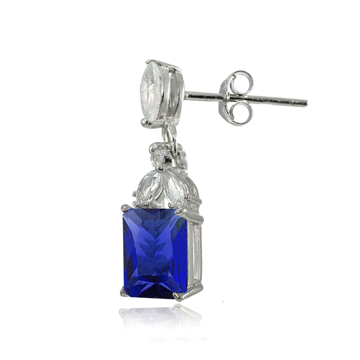 Sterling Silver Created Blue Sapphire and White Topaz Emerald-Cut Dangle Earrings