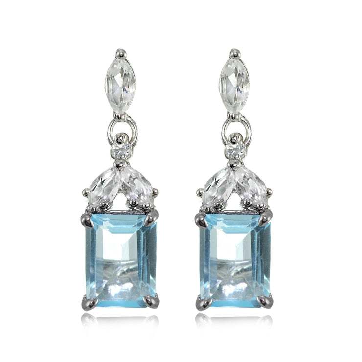 Sterling Silver Blue Topaz and White Topaz Emerald- Cut Dangle Earrings