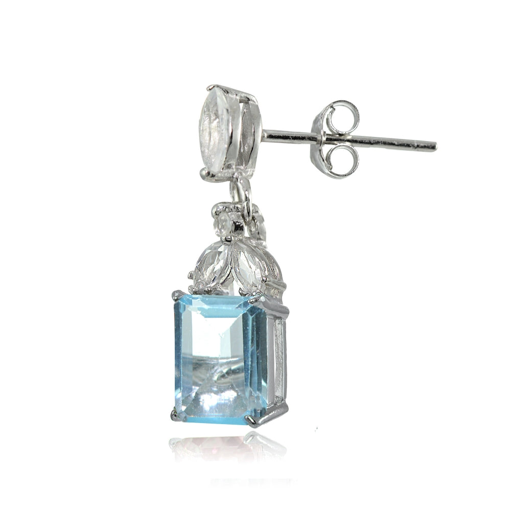 Sterling Silver Blue Topaz and White Topaz Emerald- Cut Dangle Earrings-2