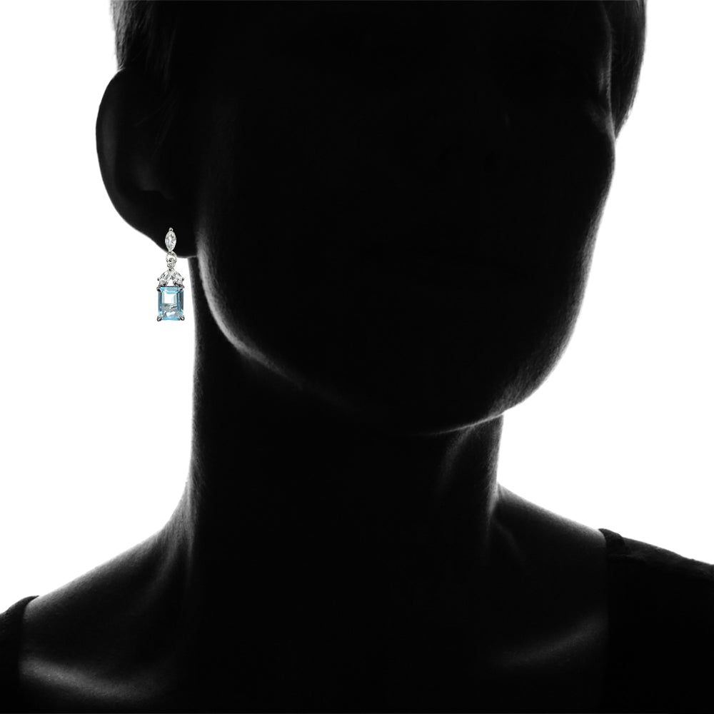 Sterling Silver Blue Topaz and White Topaz Emerald- Cut Dangle Earrings-4
