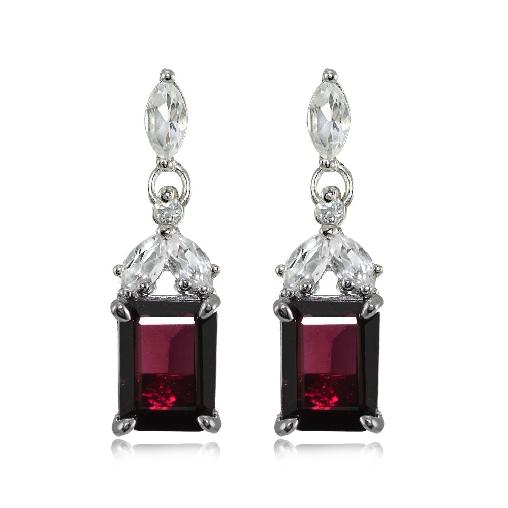 Sterling Silver Garnet and White Topaz Emerald-Cut Dangle Earrings