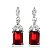 Sterling Silver Created Ruby and White Topaz Emerald-Cut Dangle Earrings