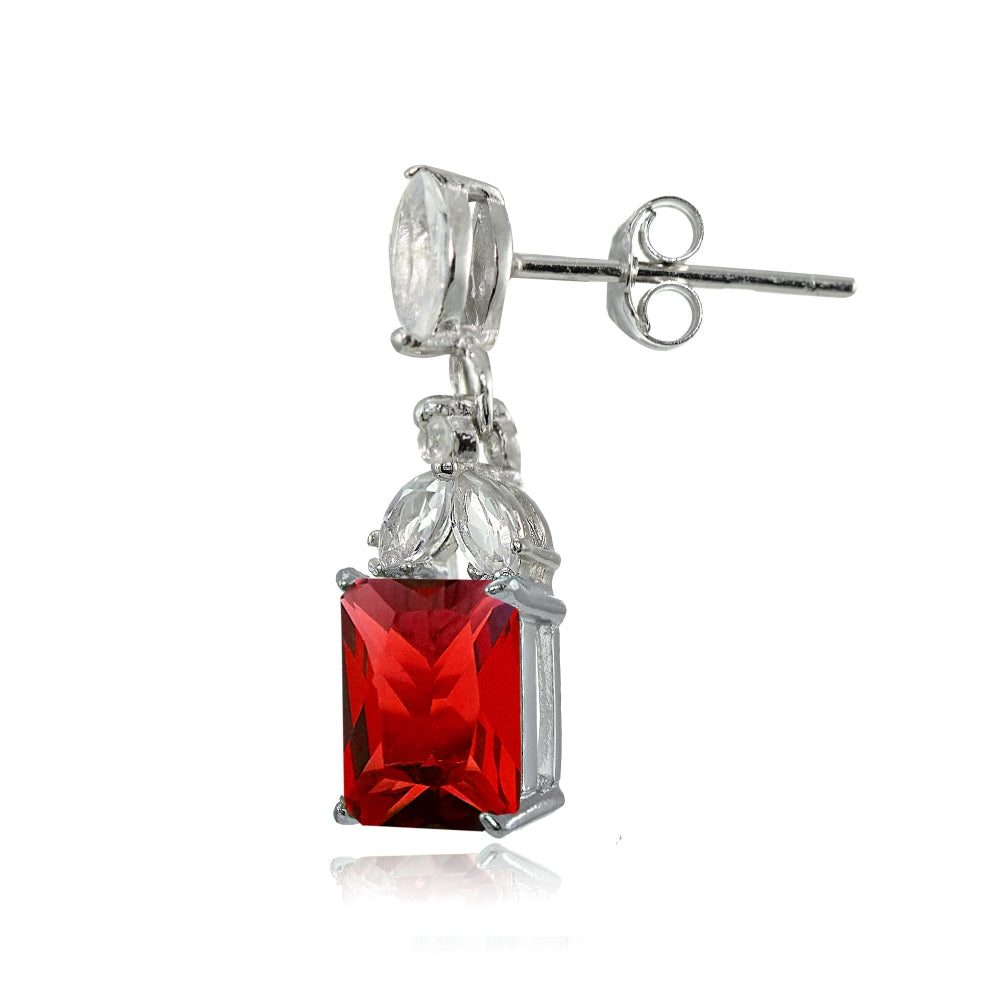 Sterling Silver Created Ruby and White Topaz Emerald-Cut Dangle Earrings-2