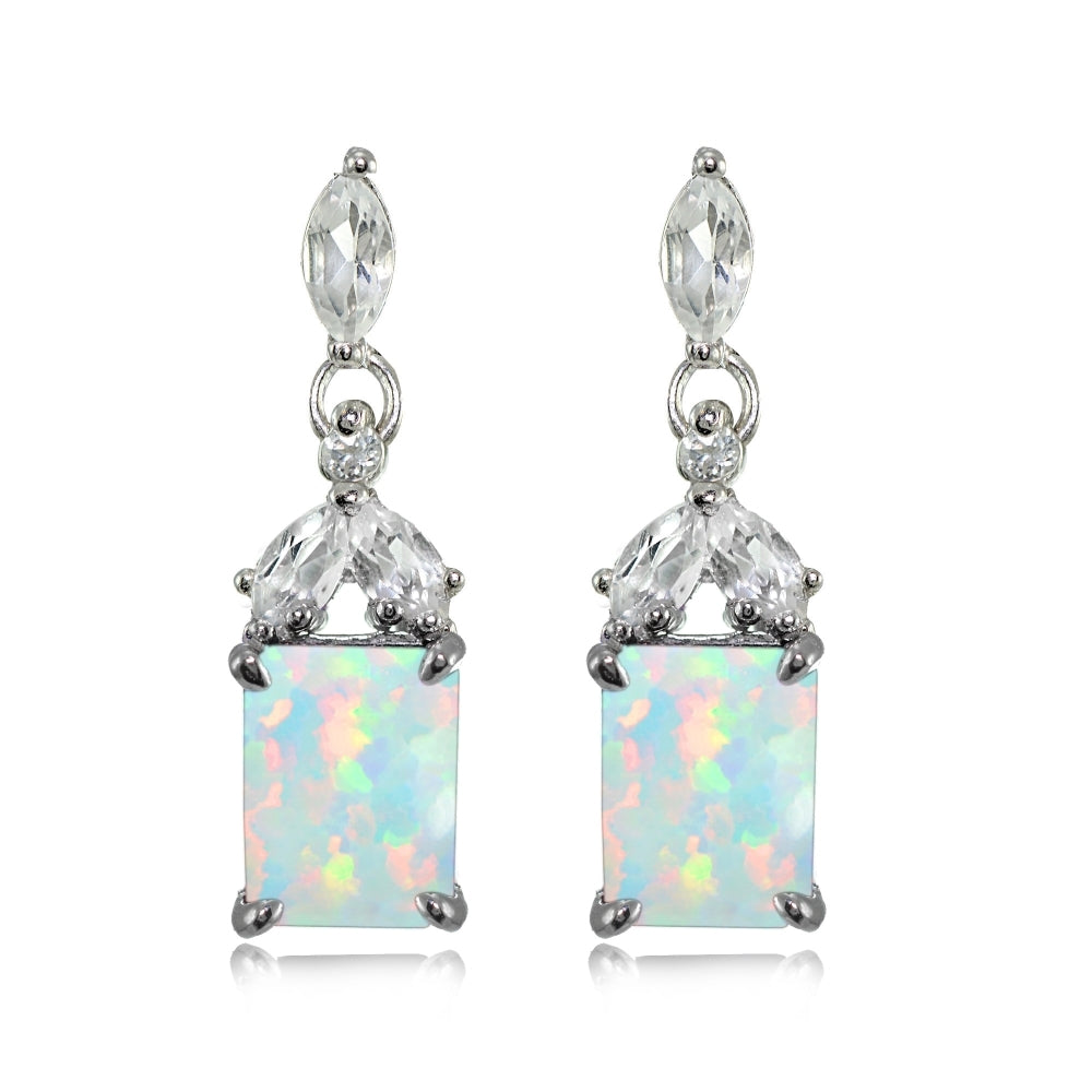 Sterling Silver Created White Opal and White Topaz Emerald-Cut Dangle Earrings
