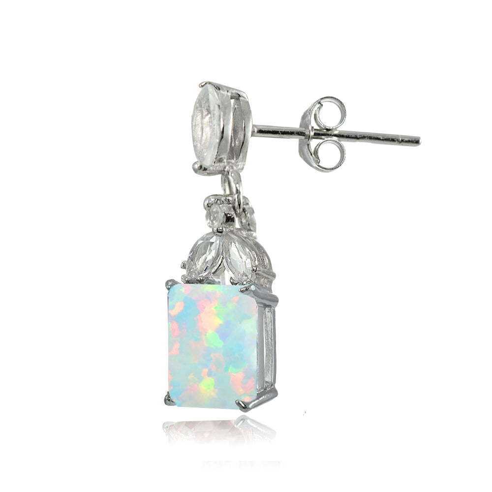 Sterling Silver Created White Opal and White Topaz Emerald-Cut Dangle Earrings-2