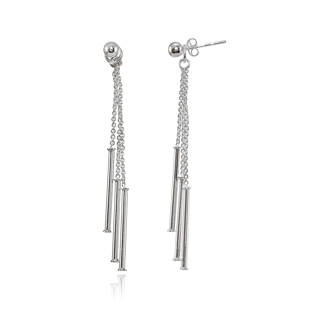 Sterling Silver Bead and Multi-Strand Chain & Bar Drop Dangle Earrings