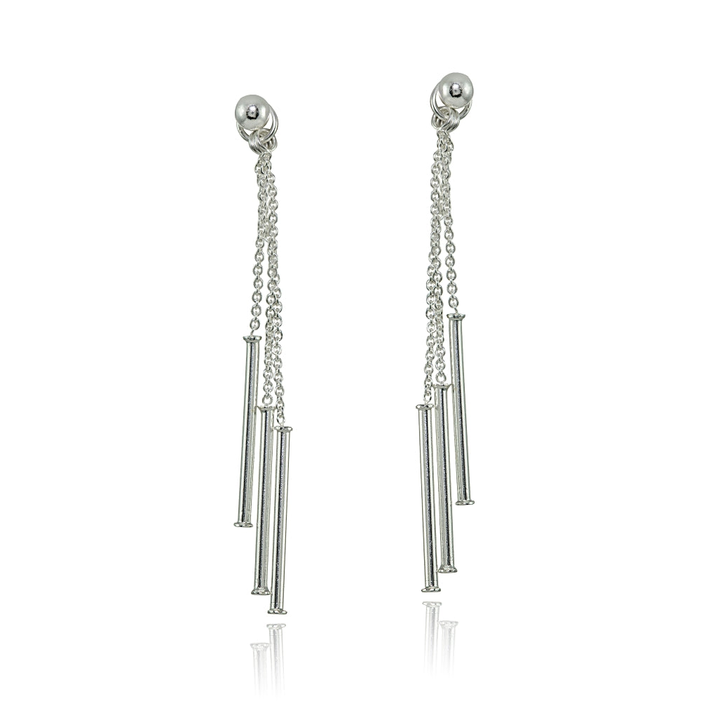 Sterling Silver Bead and Multi-Strand Chain & Bar Drop Dangle Earrings-2