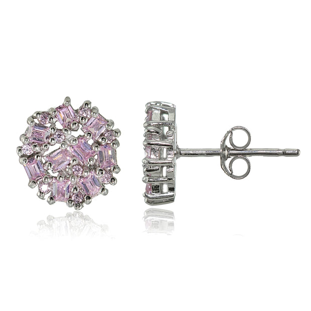 Sterling Silver Baguette and Round-Cut Light Pink Cubic Zirconia Cluster Round Stud Earrings