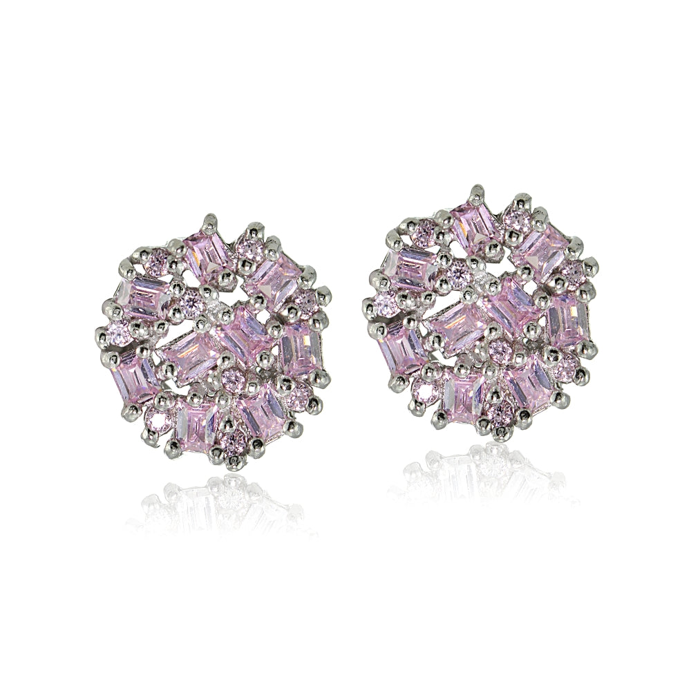 Sterling Silver Baguette and Round-Cut Light Pink Cubic Zirconia Cluster Round Stud Earrings-2