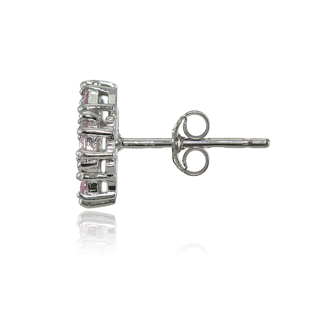 Sterling Silver Baguette and Round-Cut Light Pink Cubic Zirconia Cluster Round Stud Earrings-3