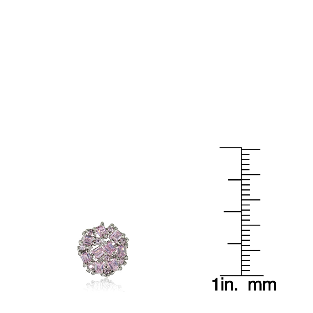 Sterling Silver Baguette and Round-Cut Light Pink Cubic Zirconia Cluster Round Stud Earrings-4
