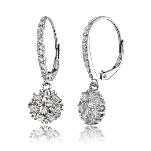 Sterling Silver Baguette and Round-Cut Cubic Zirconia Cluster Round Leverback Dangle Earrings