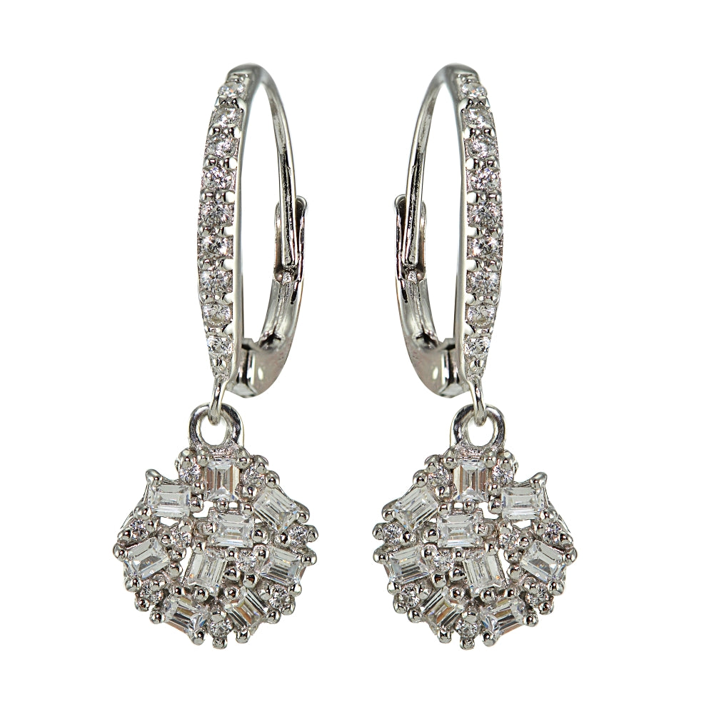 Sterling Silver Baguette and Round-Cut Cubic Zirconia Cluster Round Leverback Dangle Earrings-2