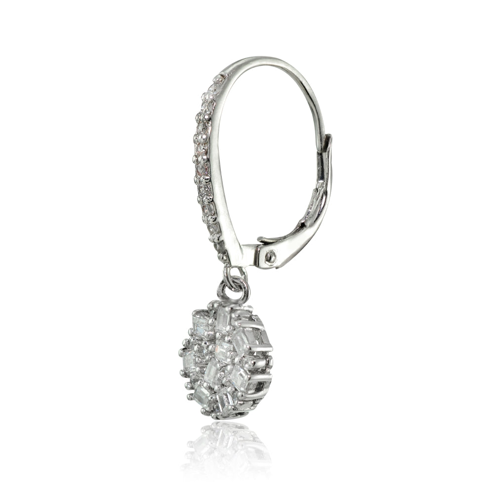 Sterling Silver Baguette and Round-Cut Cubic Zirconia Cluster Round Leverback Dangle Earrings-3