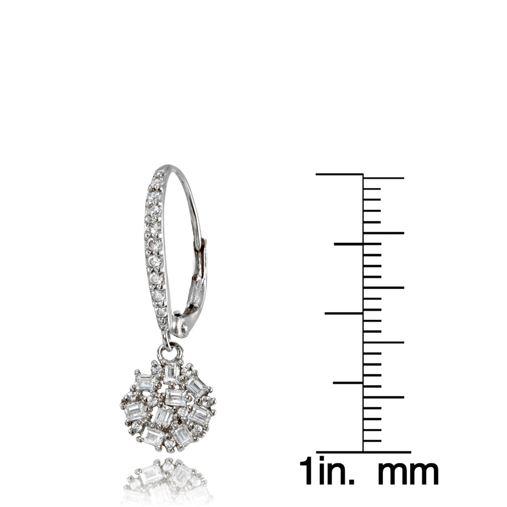 Sterling Silver Baguette and Round-Cut Cubic Zirconia Cluster Round Leverback Dangle Earrings-4