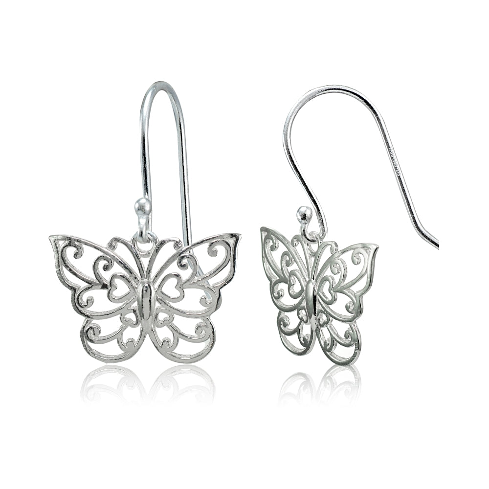 Sterling Silver High Polished Filigree Butterfly Dangle Earrings