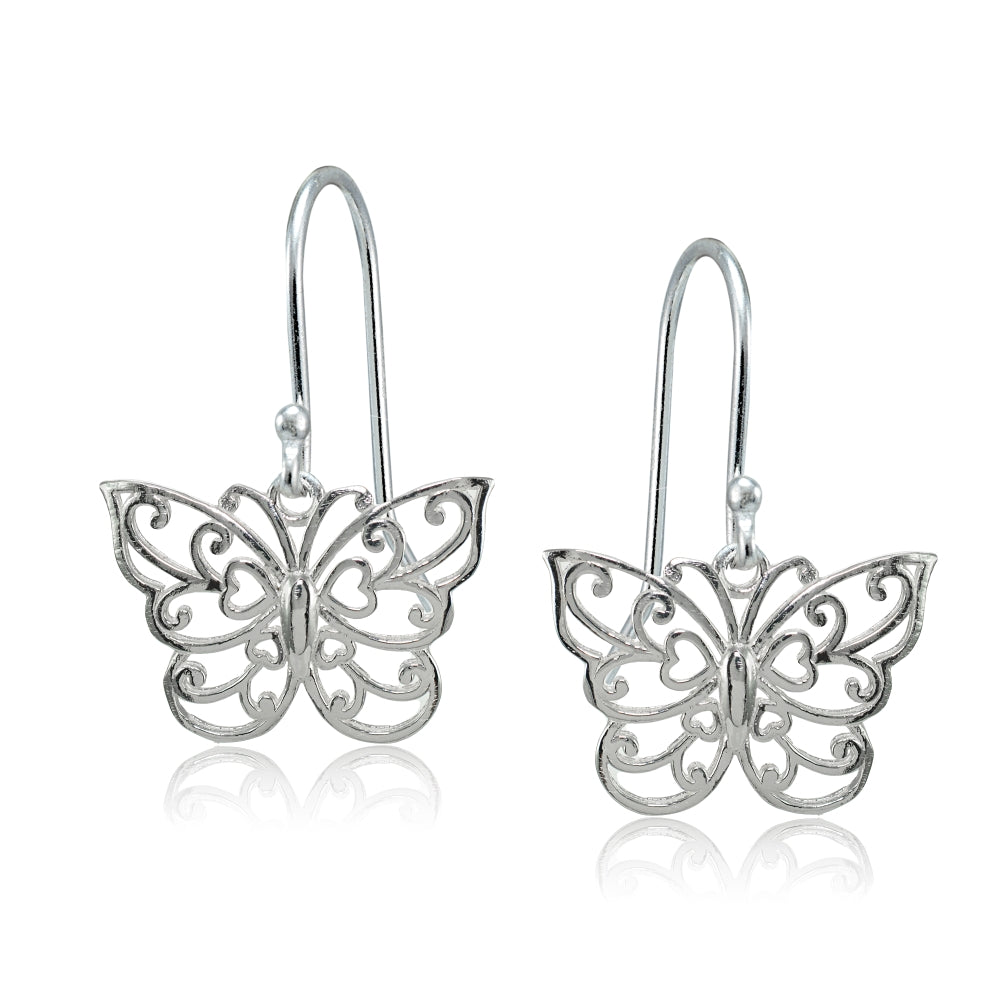 Sterling Silver High Polished Filigree Butterfly Dangle Earrings-2